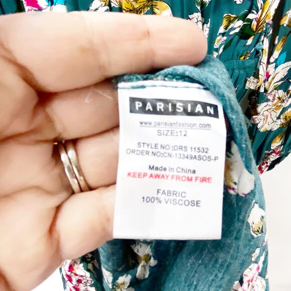 2/$30 Parisian 8 Petite Woens Green Pink Floral Print Peasant Mini Dress Tunic - Picture 6 of 9